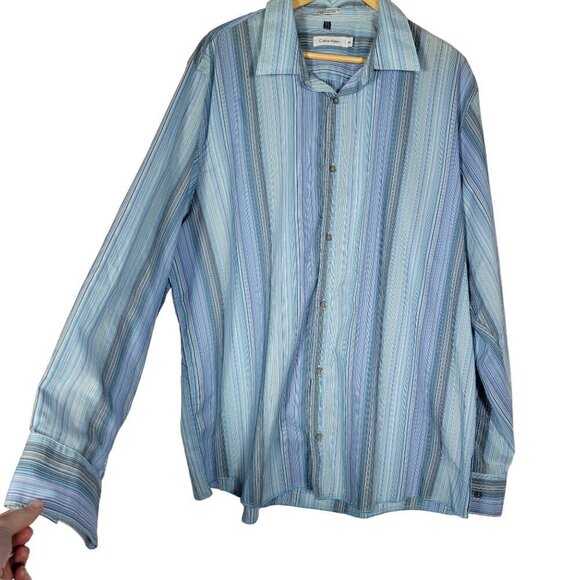 Calvin Klein Men's Button Down Cotton Blend Blue Striped Dress Shirt Size XXL - Picture 1 of 12